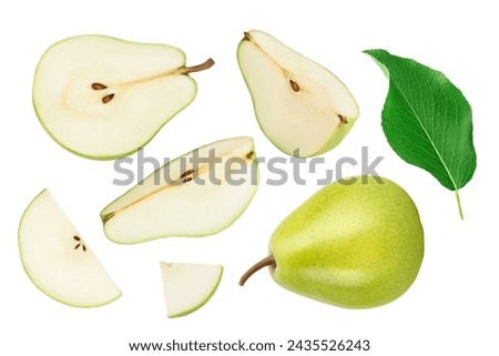 Green pear fruit half and slices isolated on white background . Top view. Flat lay