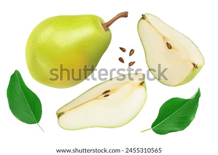 Green pear fruit half and slices isolated on white background . Top view. Flat lay