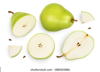 Green Pear Fruit With Slices Isolated On White Background With Clipping Path. Top View. Flat Lay