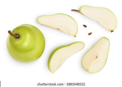 Green pear fruit with slices isolated on white background with clipping path. Top view. Flat lay - Shutterstock ID 1883548522