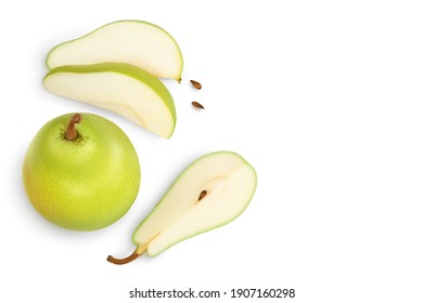 Green pear fruit with slices isolated on white background with clipping path. Top view with copy space for your text. Flat lay - Shutterstock ID 1907160298