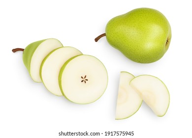 Green Pear Fruit With Slices Isolated On White Background With Clipping Path. Top View. Flat Lay