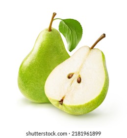 Green pear with pear leaf and half of pear isolated on white background. - Shutterstock ID 2181961899