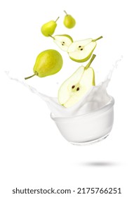 Green Pear With Yogurt Or Whipped Cream Splash And Fresh Fruit Falling Isolated On White Background.