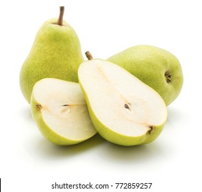Green pears isolated on white background two whole two sliced halves cross section - Shutterstock ID 772859257