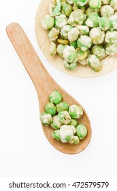 Green Peas Crispy Baked Coated By Iodised Salt On White Background