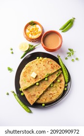 Green Peas Paratha Or Flatbread Or Matar Parathas With Curd And Hot Tea