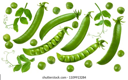 Green peas, pods and leaves set isolated on white background. Package design elements with clipping path - Shutterstock ID 1109913284