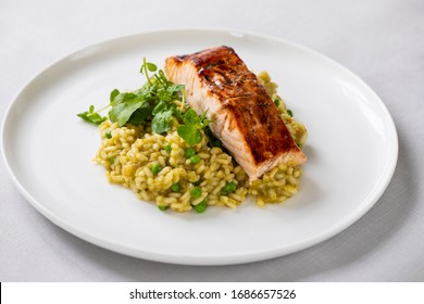 Green Peas Risotto With Grilled Salmon