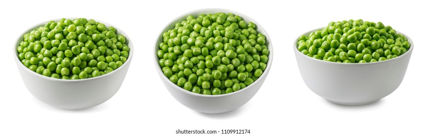 Green peas in white bowl set. Top and side view for package design with clipping path