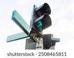 Green pedestrian traffic light at a crosswalk Crosswalk safety. Pedestrian crossing semaphore background.	Street name blank pole. Urban traffic architecture texture.