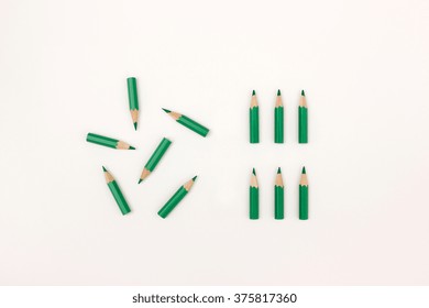 Green Pencils Unordered And Ordered - Image To Visualize Chaos Vs Order, Change, Organization, Putting Things In Order