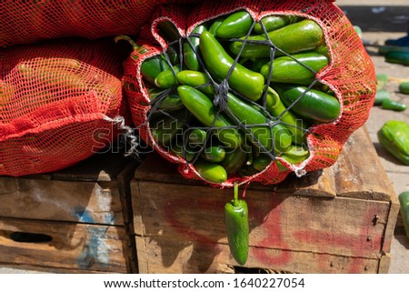 The green peppers are in red sacks.