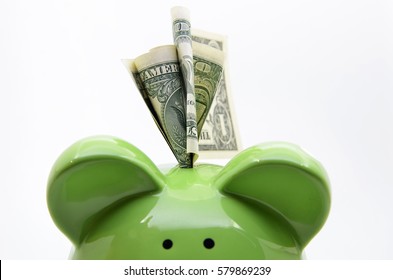 Green piggy bank with US dollar bills on a white background