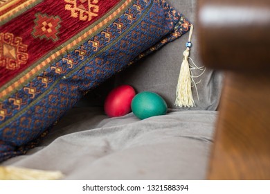 Green And Pink Dyed Easter Egg, Hidden For An Egg Hunt Inside A House, April