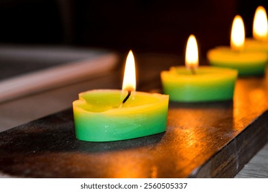 green pink white tealight candles burning romance celebration ritual saraswati indian culture diwali holiday services selling candles Valentine's Day home decor DIY handcrafted aesthetics festive  - Powered by Shutterstock