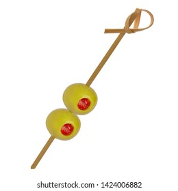 Green pitted olives on a bamboo cocktail stick isolated on white background with clipping path - Powered by Shutterstock