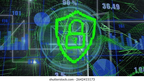 Green pixelated shield with padlock icon securing data in dashboard, with bar charts and streams. Cybersecurity, data protection, digital interface, network security, futuristic, analytics, technology - Powered by Shutterstock - Get 15% off with code: PIKWIZARD15