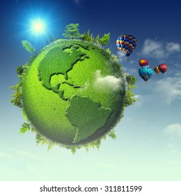 Green planet. Abstract eco backgrounds with blue skies, clouds and Earth globe