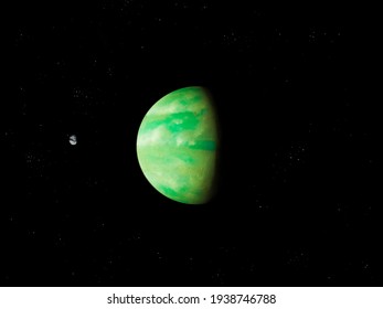 green planet in deep space with asteroid, alien planet has satellite, space background. 