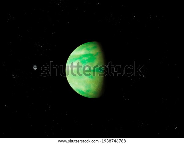 green planet in deep space with\
asteroid, alien planet has satellite, space background.\
