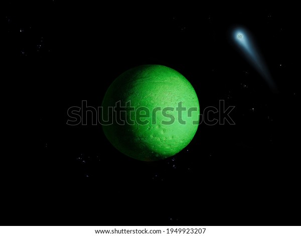 Green planet with a solid surface and comet on\
black background with\
stars