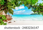 Green plants by the sea in a tropical beach. Anse Lazio, Seychelles, Indian Ocean