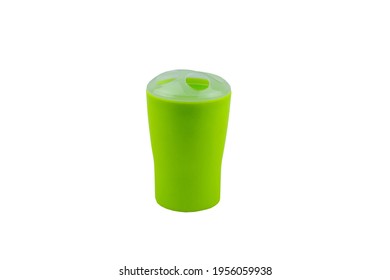 Green Plastic Beaker For Toothbrushes Isolated On White Background