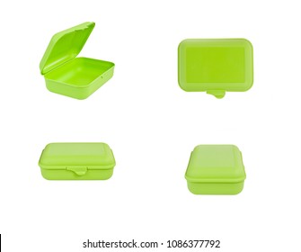 Green Plastic Box Package Isolated On White Background. Front, Top, Side View