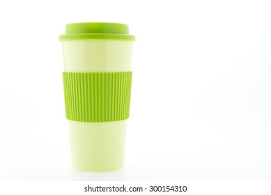 Green Plastic Coffee Mug Isolated On White Background