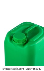 Green plastic jerrycan with lid isolated on a white background. Image from an angle. Canister with a liquid substance. Image of a disinfectant, detergent or lubrication product.