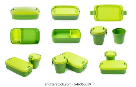 Green Plastic Lunch Box Isolated On White Background