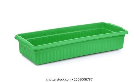 Green plastic rectangular planter flower pot  isolated on white