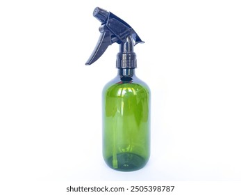 A green plastic spray bottle with a black nozzle against a clean white background. It has a sleek and minimalist design, it is used for various uses such as cleaning, gardening or personal care. - Powered by Shutterstock