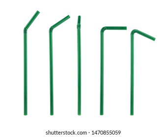 Green Plastic Straws Drinking Isolated In Differant On White Background