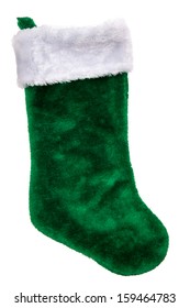 Green Plush Christmas Stocking Isolated On White Background