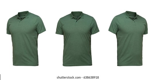 Green polo shirt. t-shirt front view three positions on a white background