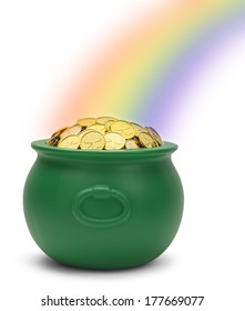 Green Pot Of Gold With A Rainbow Isolated On White Background.