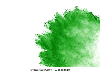 Green Powder Explosion On White Background. Colored Cloud. Color Dust Explode. Paint Holi.