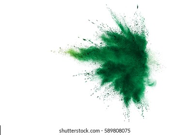 Green Powder Explosion On White Background. Colored Cloud. Colorful Dust Explode. Paint Holi.