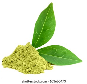 Green  powder matcha tea isolated on white.
