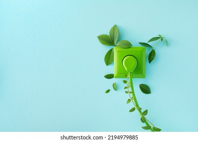 Green power cord in wall socket or outlet with fresh leaves. Ecological friendly and sustainable renewable energy concept. 
