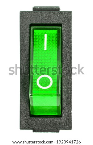Green power switch at ON position, isolated on white background no shadows