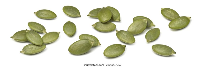 Green pumpkin seeds set isolated on white background. Package design element with clipping path
