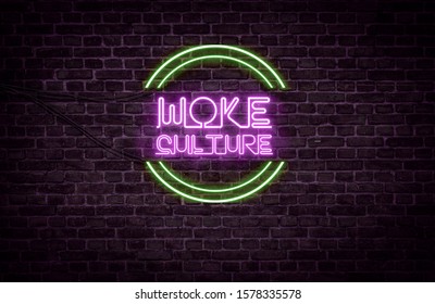 A green and purple neon light sign that reads:
Woke Culture - Shutterstock ID 1578335578