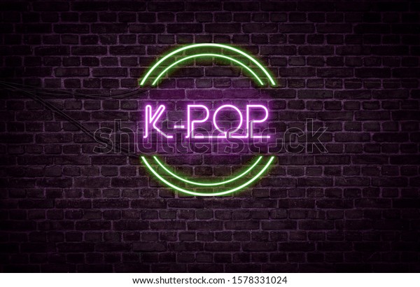 A\
green and purple neon light sign that\
reads:\
K-POP