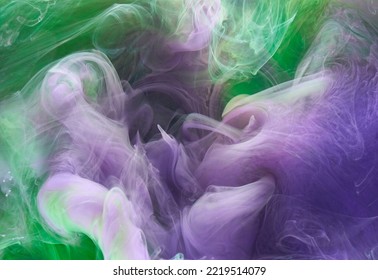 Green Purple Smoke Abstract Background, Acrylic Paint Underwater Explosion