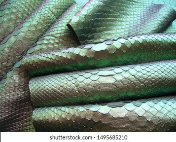 Green python skin. Snake skin. The texture of genuine leather.