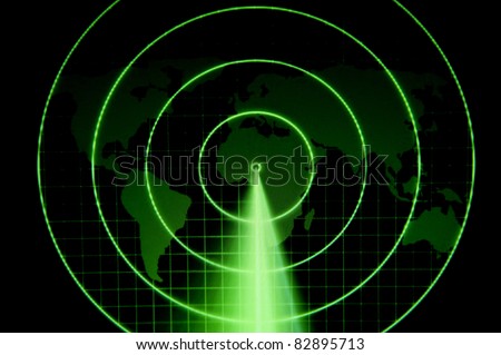 A green radar with a world map