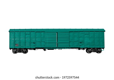 Green Rail Car Isolated On A White Background. Freight Transport. High Quality Photo